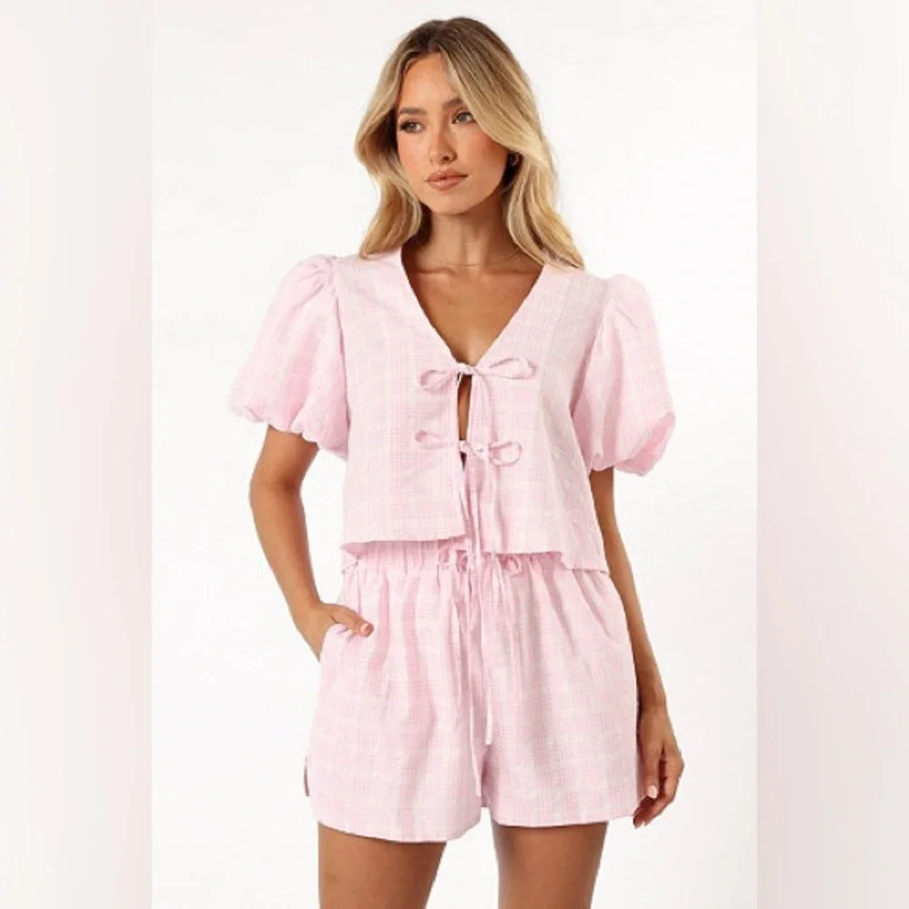 Pink Tie-Front Puff Sleeve Gingham Set